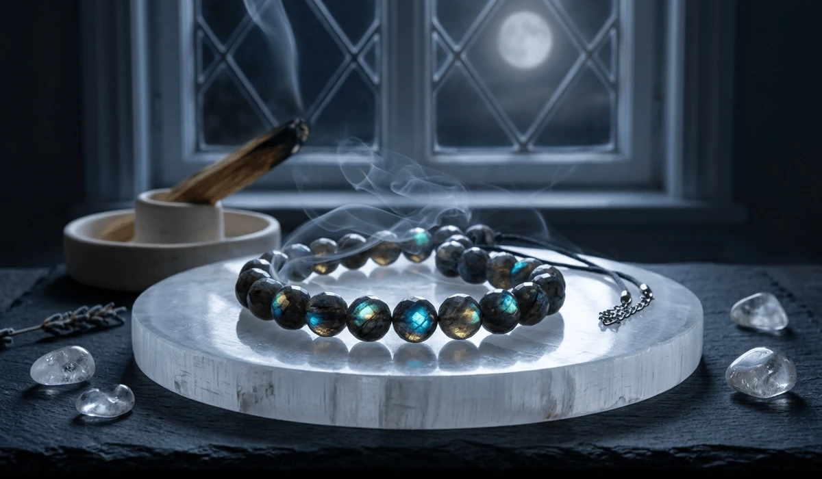 Labradorite necklace being used in a spiritual intention-setting ritual for personal transformation.