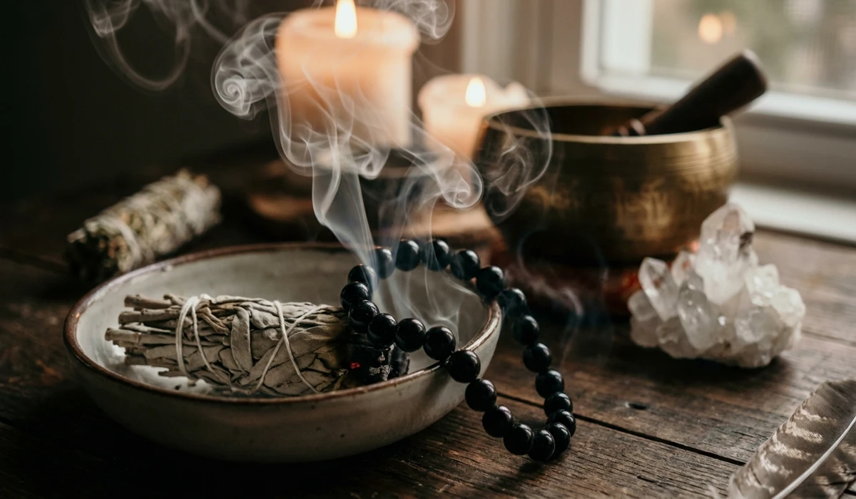 Cleansing a spiritual protection bracelet with incense smoke and crystals to refresh its energy.