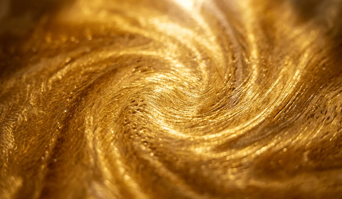 Close-up macro shot showing 3D optical chatoyancy and golden silk threads in real Golden Silk Nanmu wood under direct light.