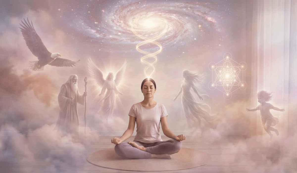 A practitioner performing a guided visualization ritual to connect with the celestial hierarchy and various types of spirit guides.