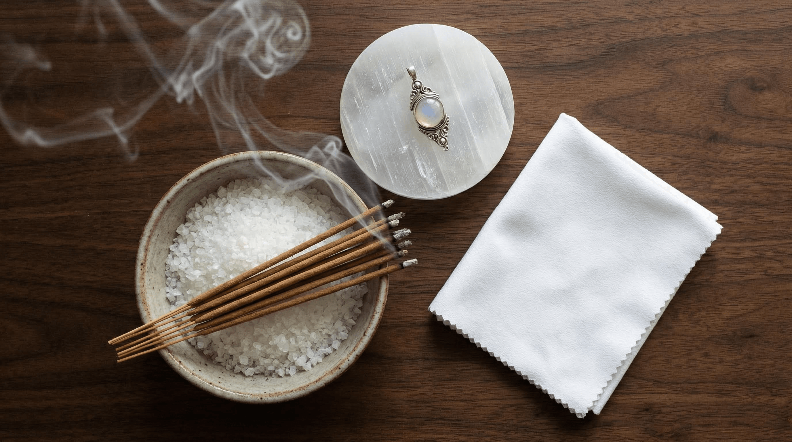 Spiritual cleansing tools including sandalwood incense, sea salt, and selenite bowl for Tai Sui amulet purification ritual.