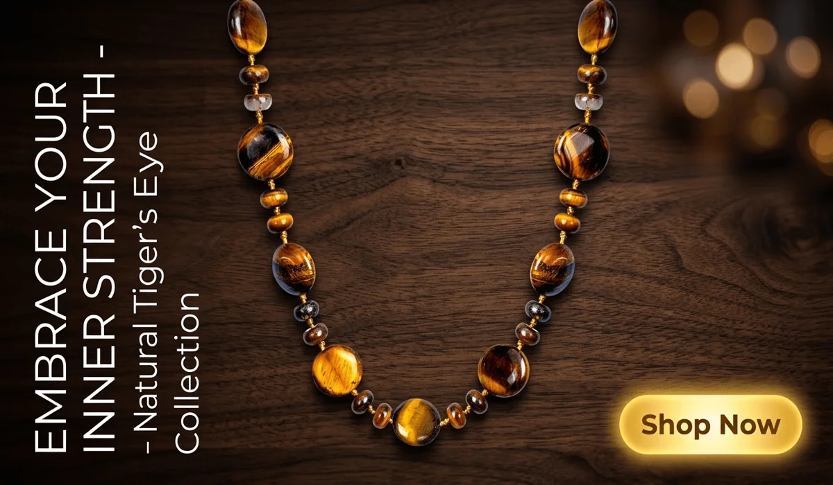 Tiger's Eye Lumina Necklace featuring natural chatoyant gemstones on a luxury wooden background with a Shop Now button for SEO blog content.