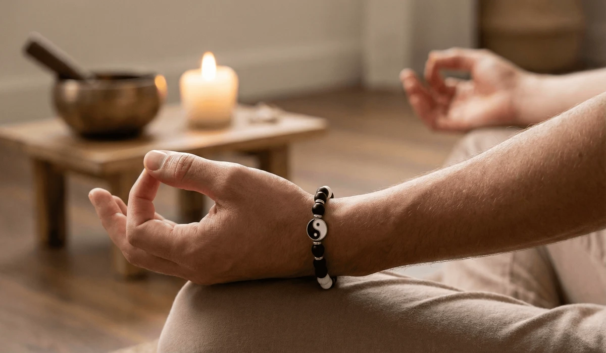 A person using a Yin Yang bracelet as a tactile mindfulness anchor during a meditation session for anxiety relief.