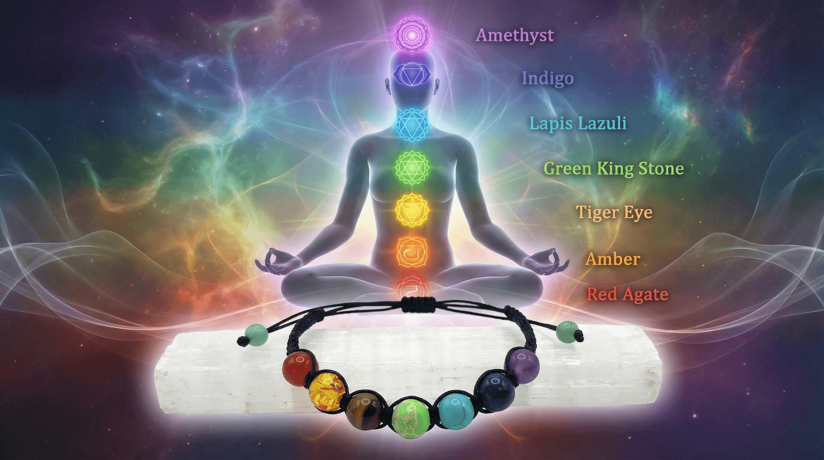 Spiritual illustration of 7 chakras aligned with a chakra stone bracelet, symbolizing energy flow and holistic balance.