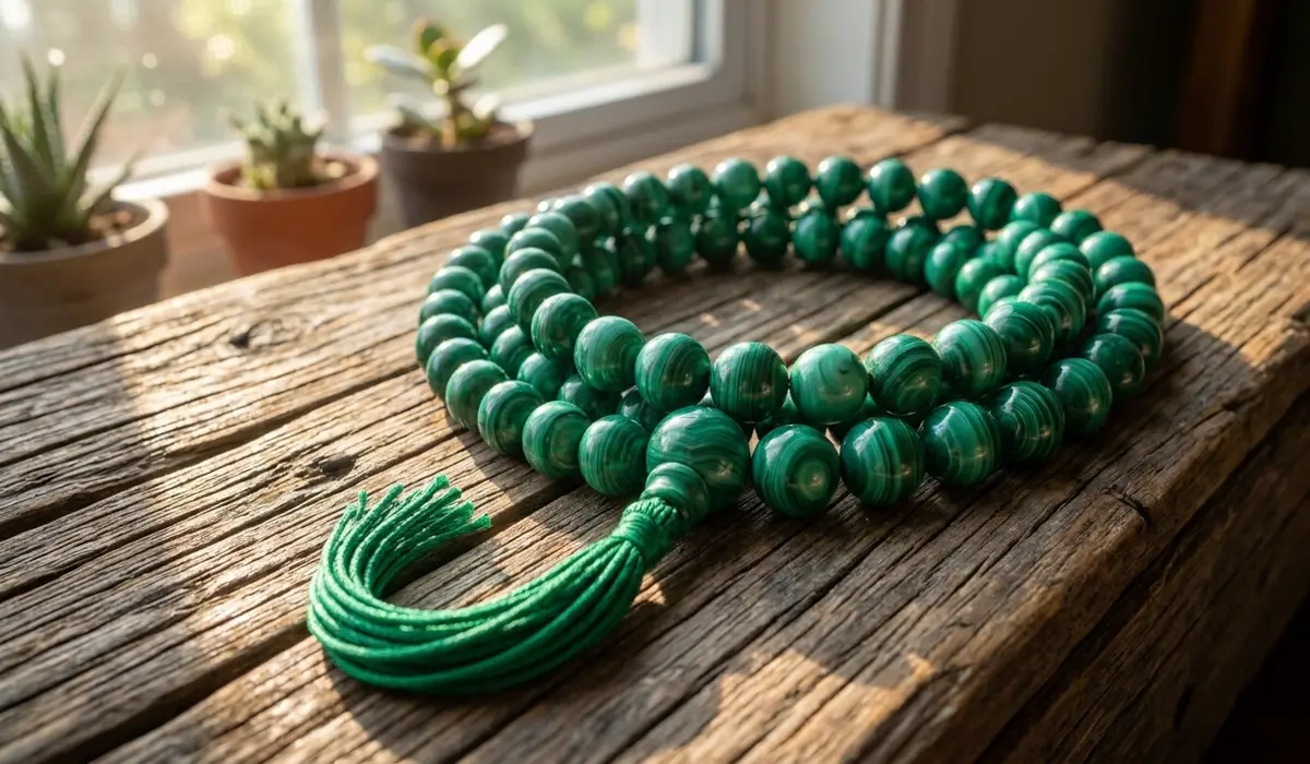 Close-up of 108 Malachite mala beads with distinctive green swirling patterns and a tassel on a wooden altar.