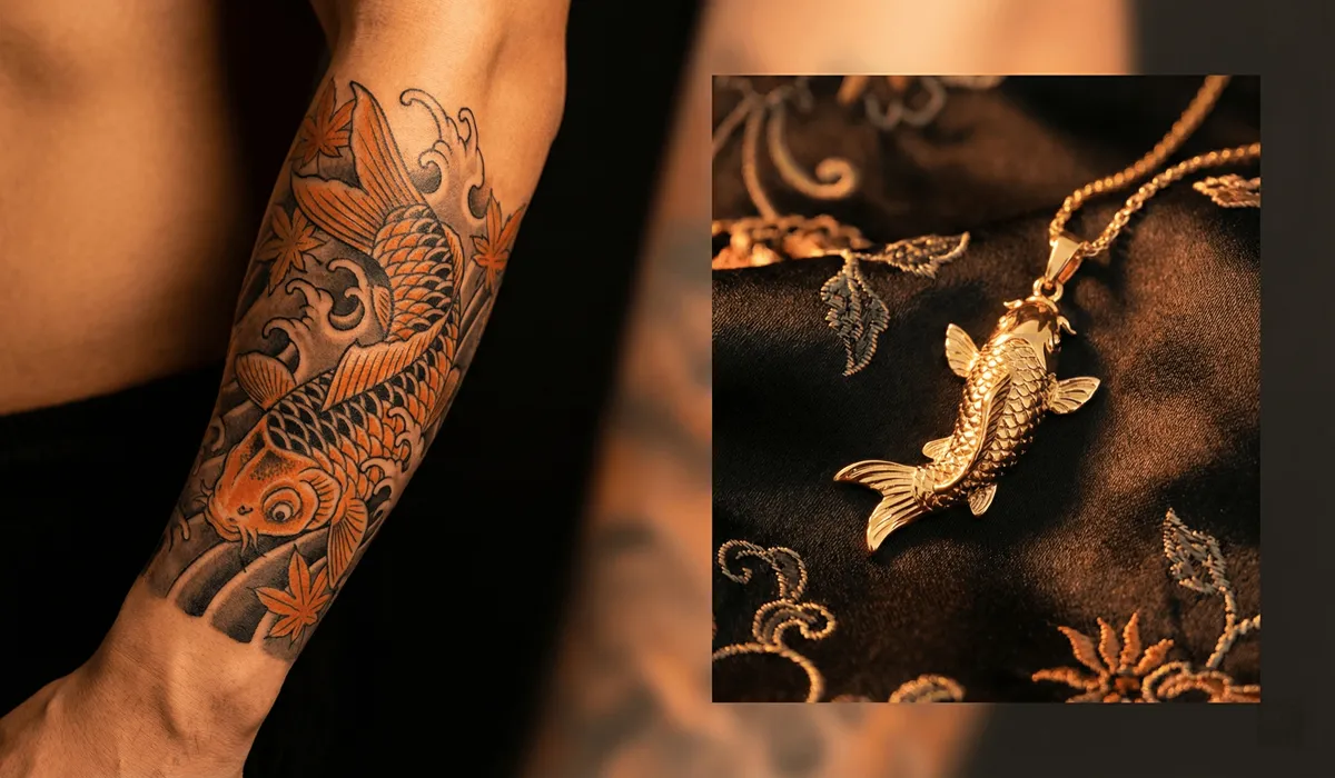 Comparison of a traditional Japanese koi fish tattoo and a gold koi fish pendant illustrating different forms of spiritual expression.