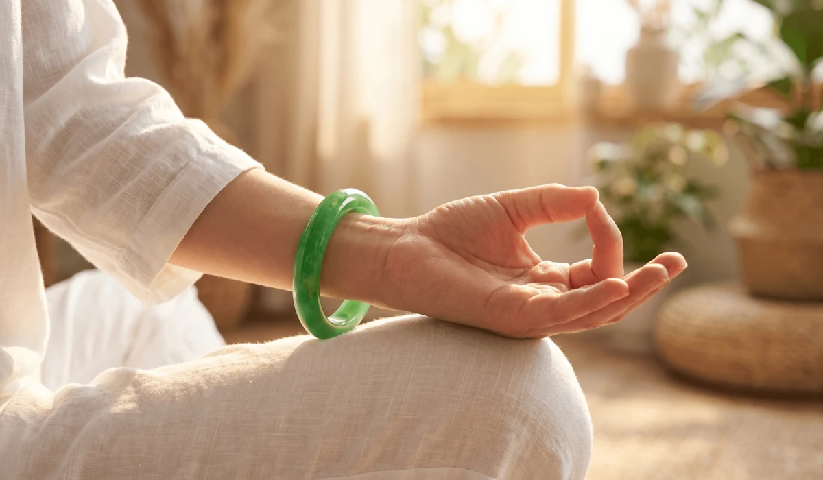 A person wearing a green Jade bracelet on their left hand during meditation for heart chakra balance and protection.