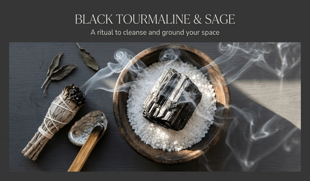 Cleansing Black Tourmaline with sea salt and sage to discharge accumulated electronic stress.