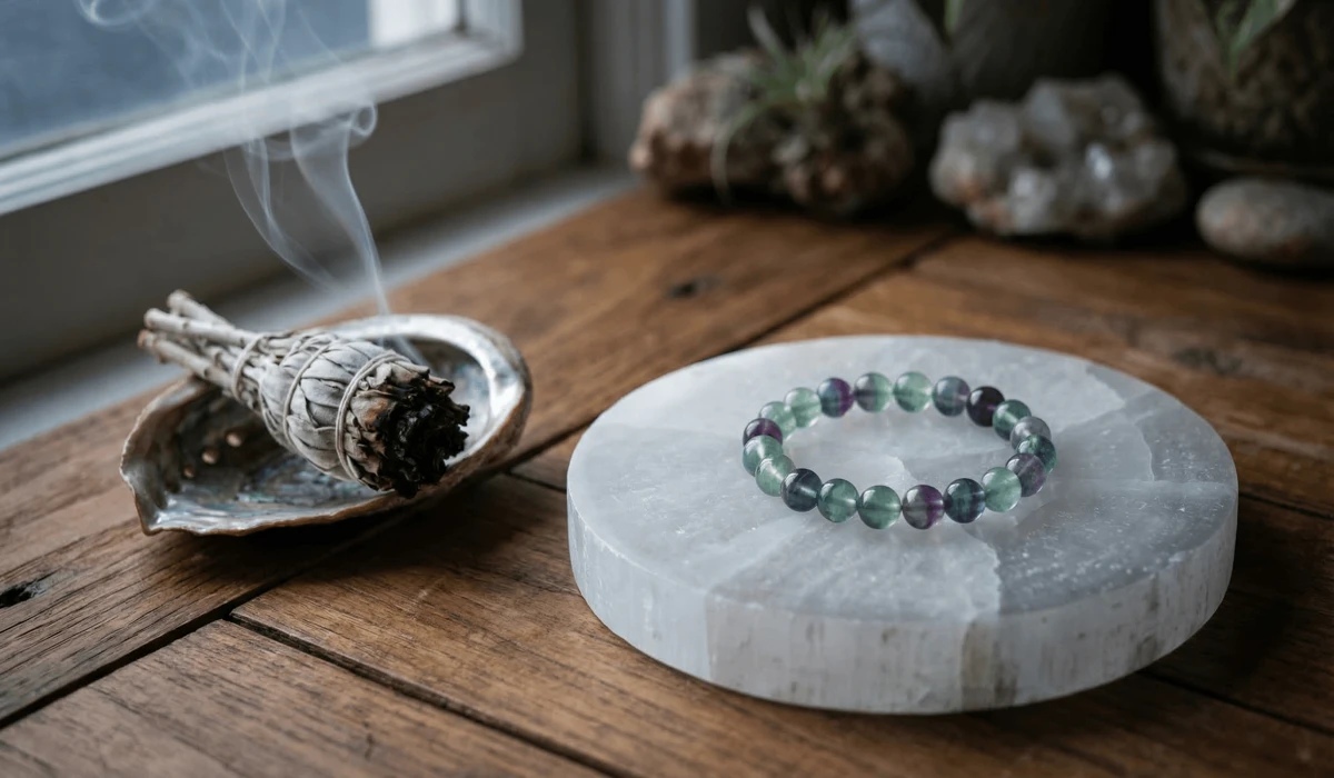 A Fluorite bracelet being cleansed on a Selenite plate with sage smoke, illustrating proper crystal care and maintenance.