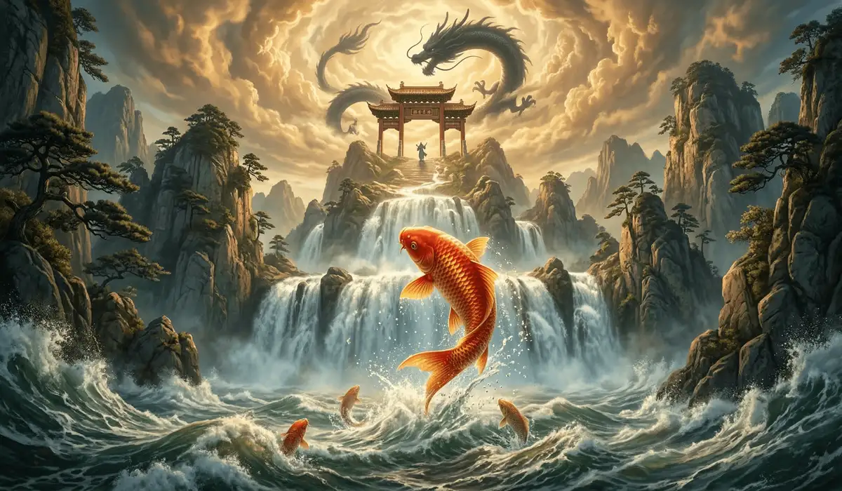 A golden Koi fish jumping over the Dragon Gate waterfall on the Yellow River, transforming into a dragon to symbolize perseverance and spiritual metamorphosis.