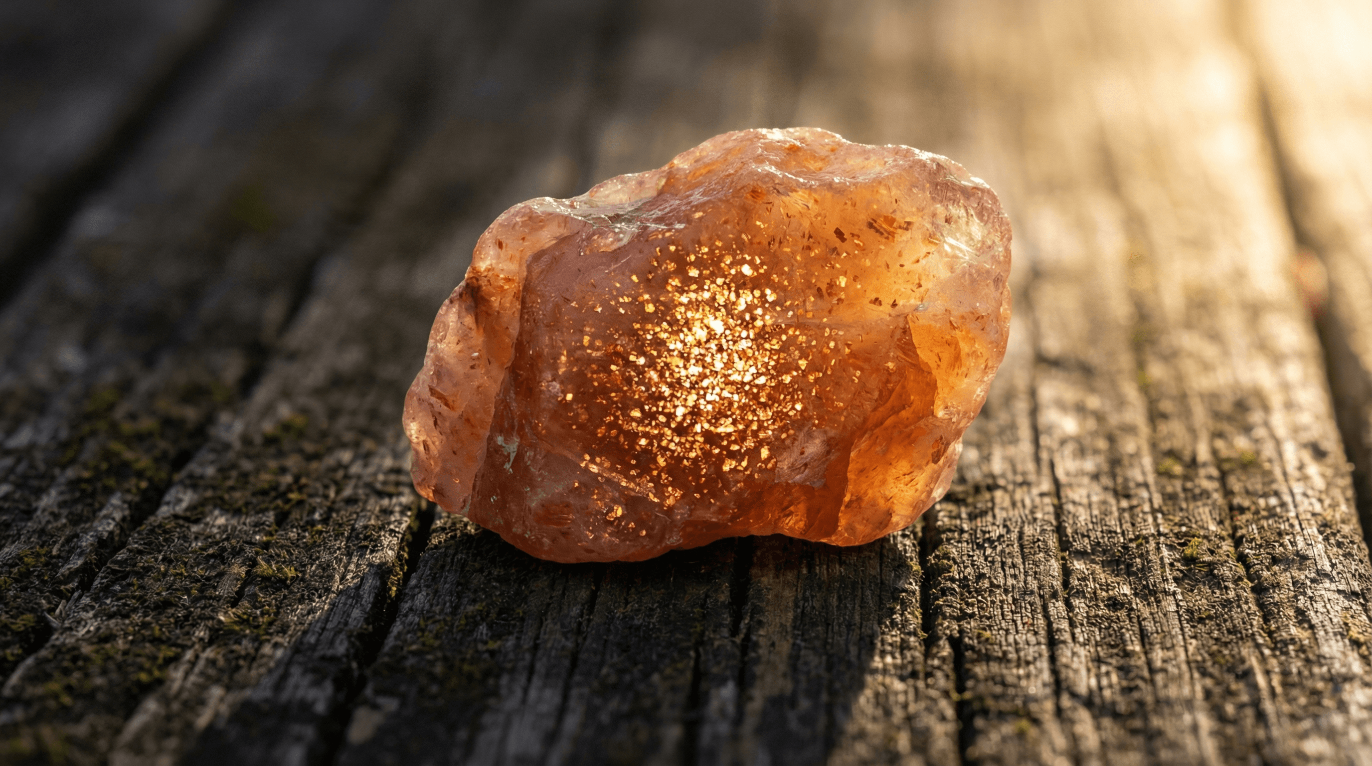 A glowing Sunstone crystal with metallic golden sparks showing aventurescence under natural sunlight.