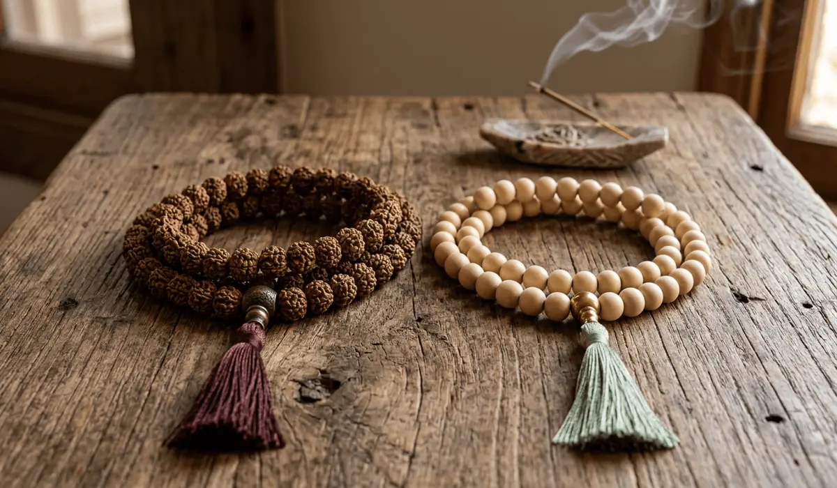 Comparison between a rugged Rudraksha mala and a smooth Sandalwood mala, showcasing the different textures used for grounding and peace.