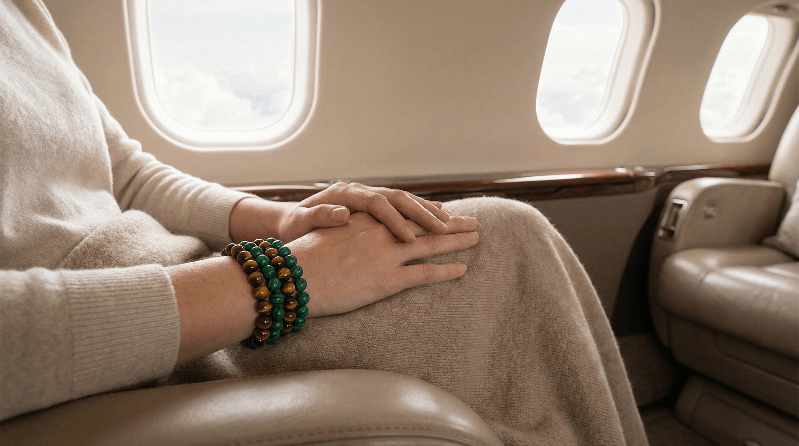 A traveler wearing a stack of grounding crystal bracelets on their left wrist for protection during a flight.