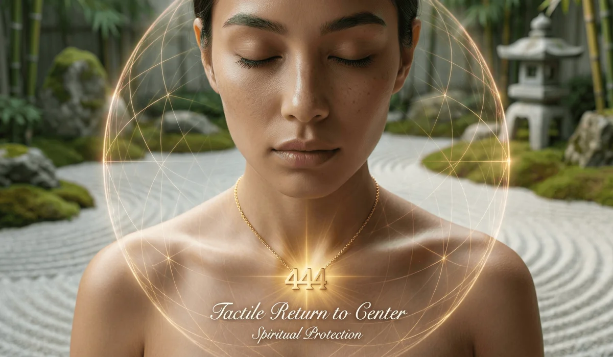 A close-up shot of a gold 444 angel number necklace representing spiritual protection and manifestation.