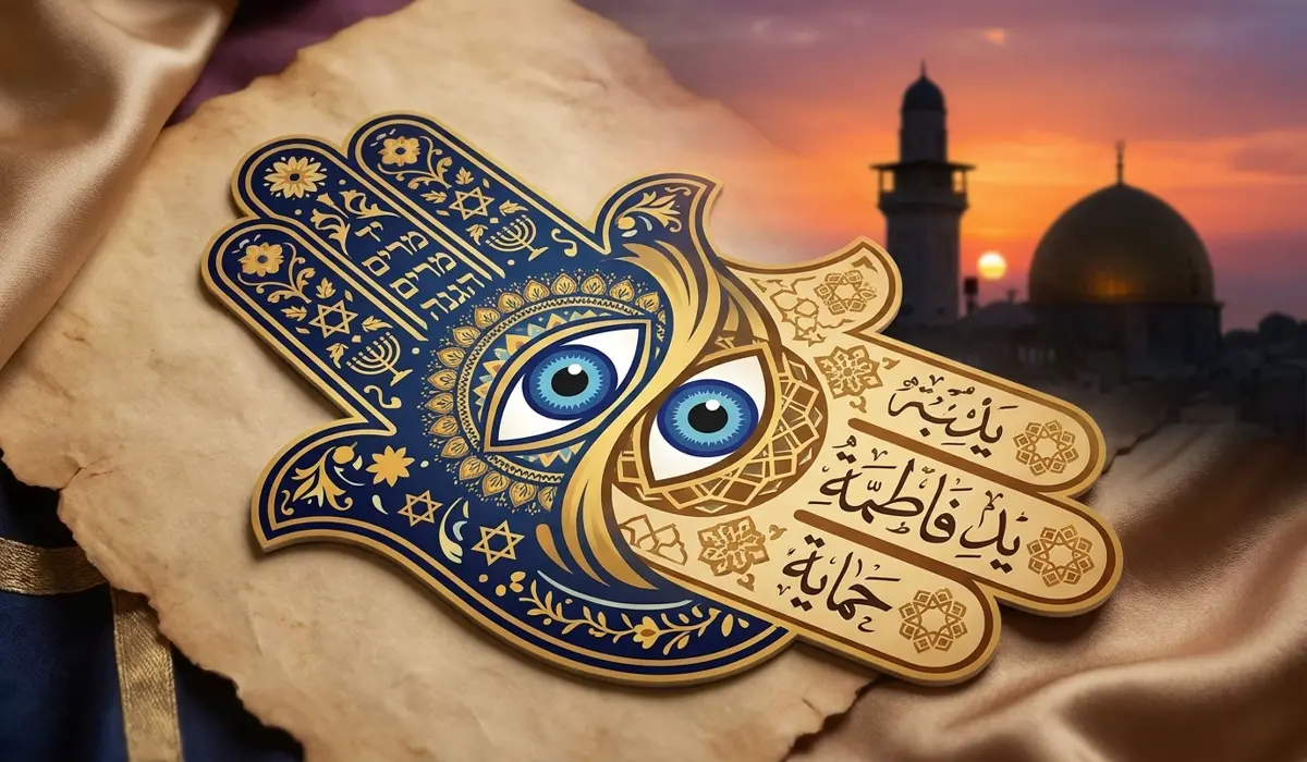 Artistic representation of the cultural evolution between the Islamic Hand of Fatima and the Jewish Hand of Miriam.