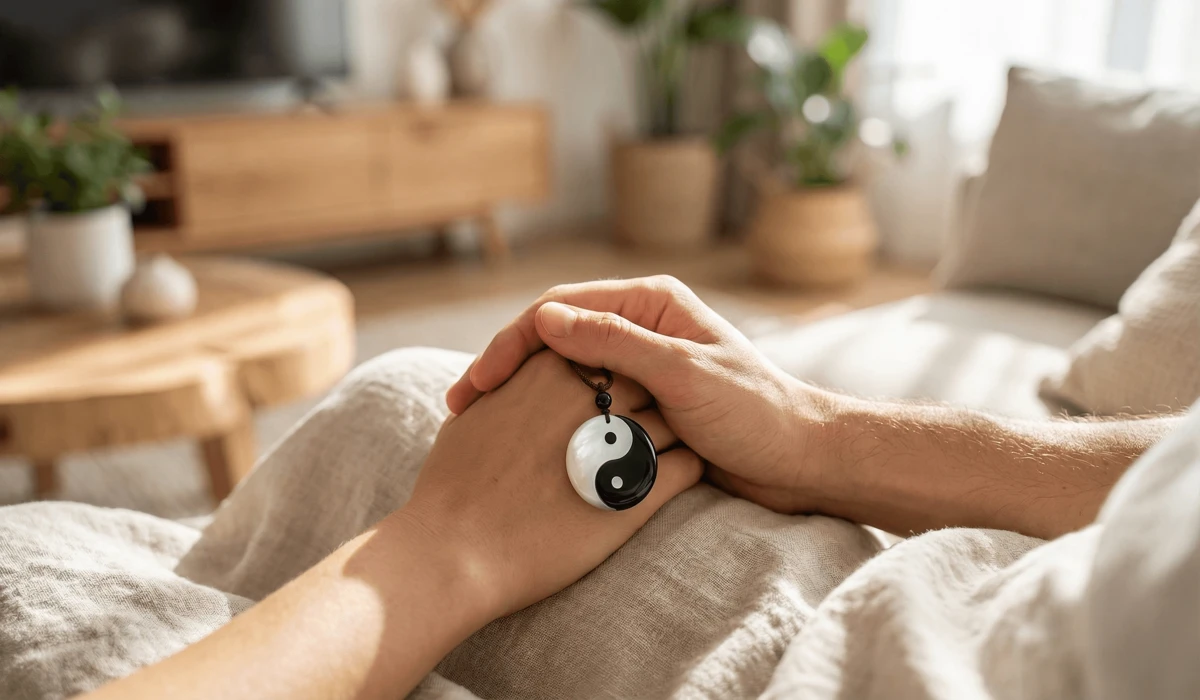 Close-up of a Yin Yang talisman necklace worn by a couple to symbolize emotional intelligence and conflict resolution.