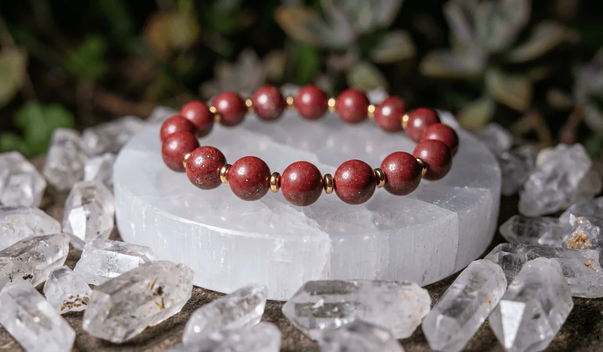 Genuine high-content cinnabar bracelet resting on a white selenite plate for gentle energetic cleansing and charging.