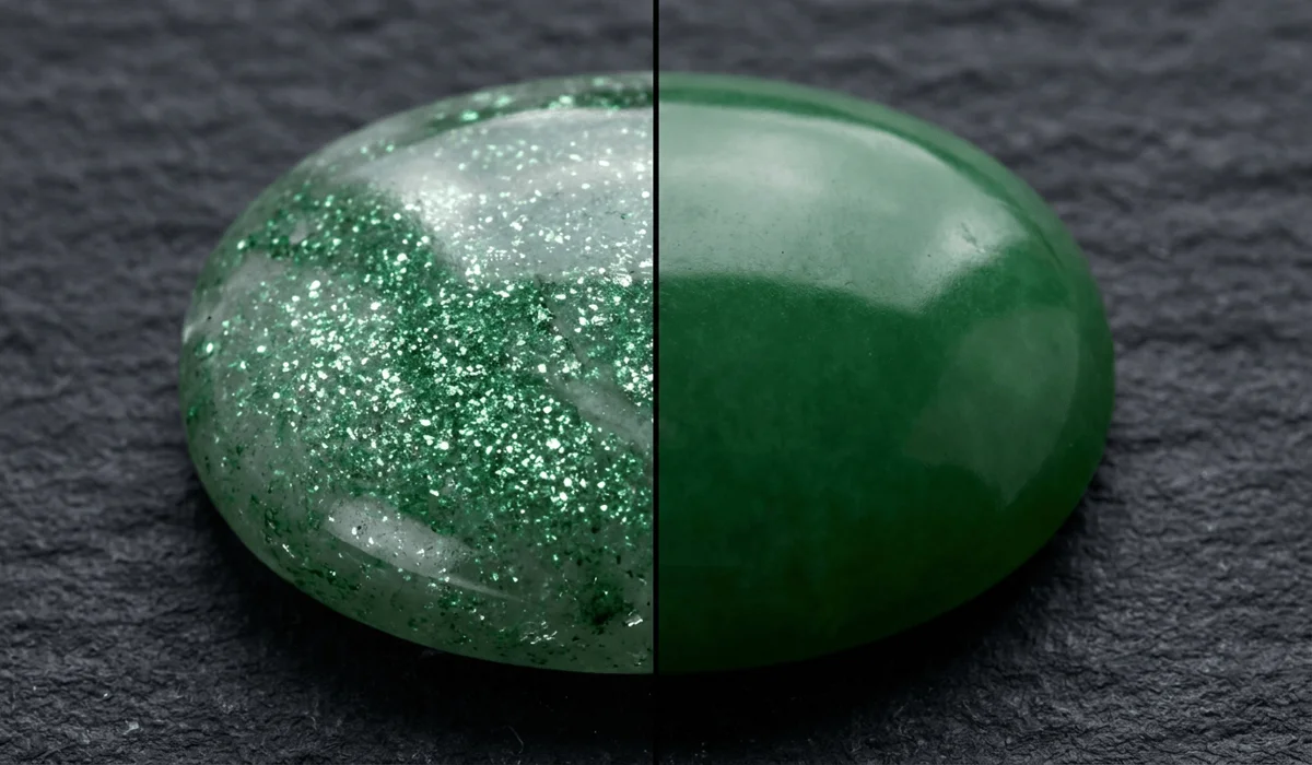 Side-by-side macro visual comparison of Green Aventurine with sparkling inclusions versus smooth waxy Jade.
