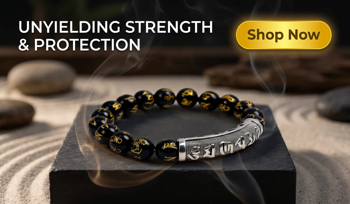 Black Obsidian Guardian Mantra Bracelet with silver carved tube and gold symbols on dark stone background with Shop Now button