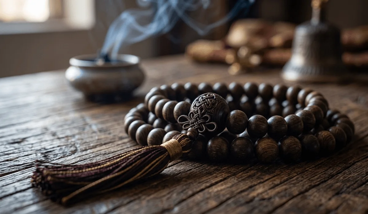 Close-up of a traditional sandalwood Buddhist Mala bracelet with a Guru bead and silk tassel, representing spiritual connection and meditation.