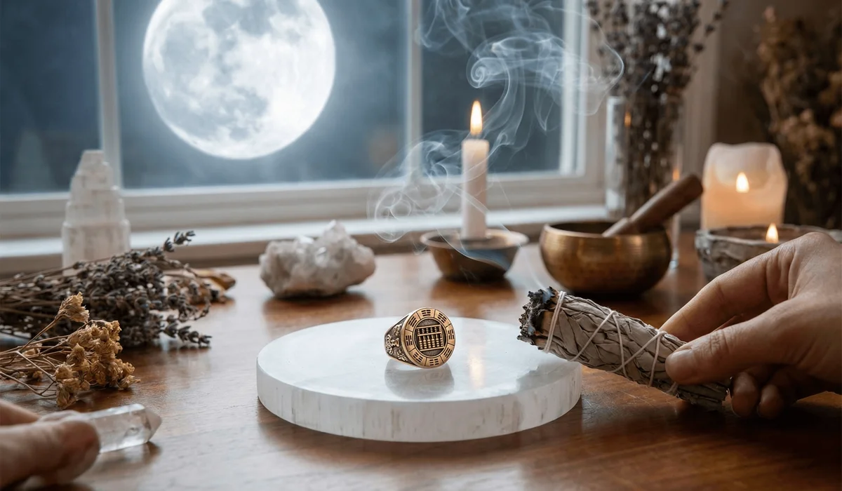 A Feng Shui ring being cleansed with sage smoke and charged under moonlight on a selenite plate.