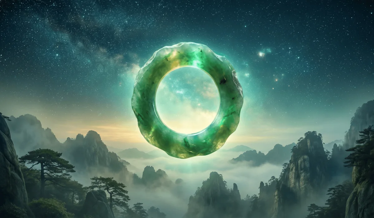 A symbolic representation of Jade as the 'Stone of Heaven' bridging the physical and spiritual worlds.