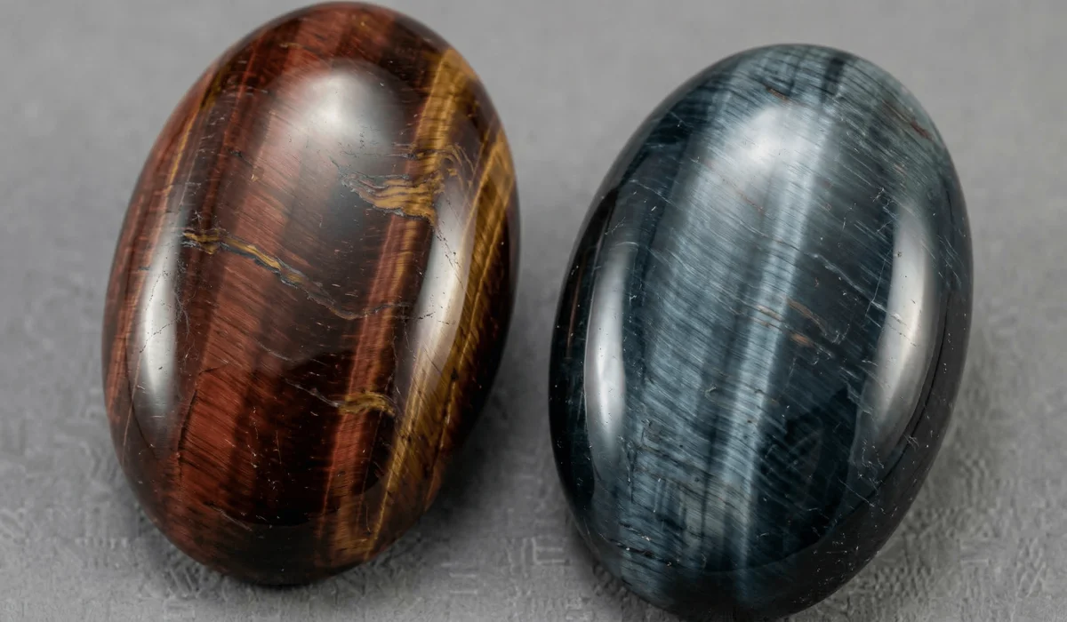 Side-by-side comparison of Blue Tiger's Eye and Red Tiger's Eye gemstones showing their natural chatoyant bands and colors.