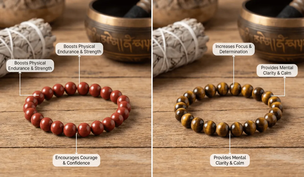 Comparison of Red Jasper and Tiger Eye grounding bracelets as tools for energy stabilization and Root Chakra healing.