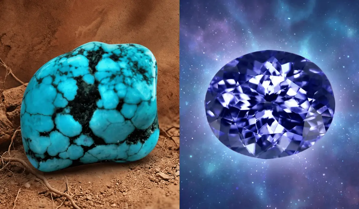 Visual comparison between the opaque Turquoise birthstone and the transparent Tanzanite gemstone.