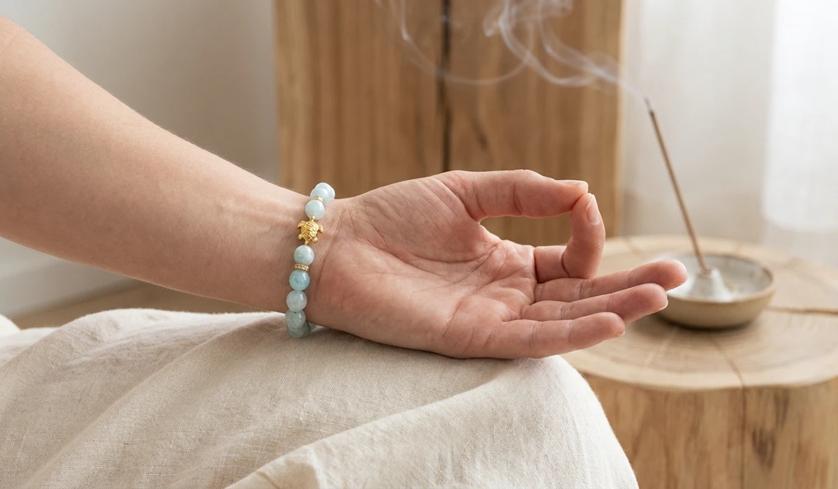 A person wearing an aquamarine bracelet on their left hand during meditation to enhance mindfulness and serenity.
