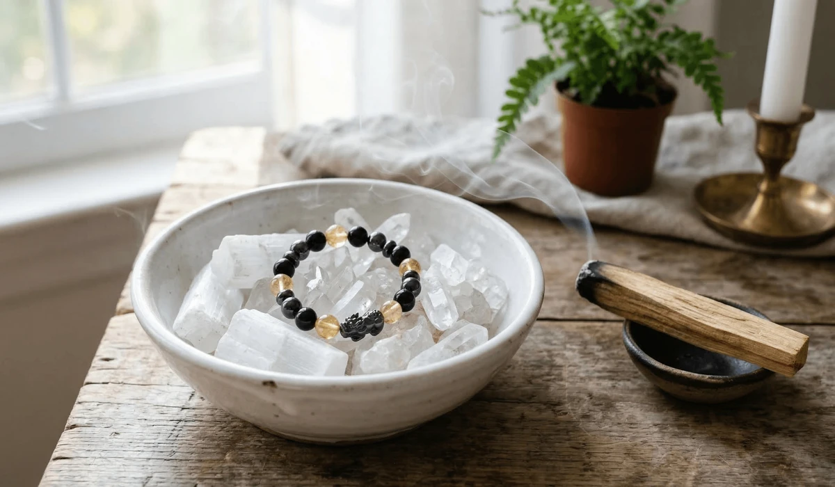 Cleansing ritual for Feng Shui bracelets using Selenite crystals and Palo Santo smoke to reset energy.