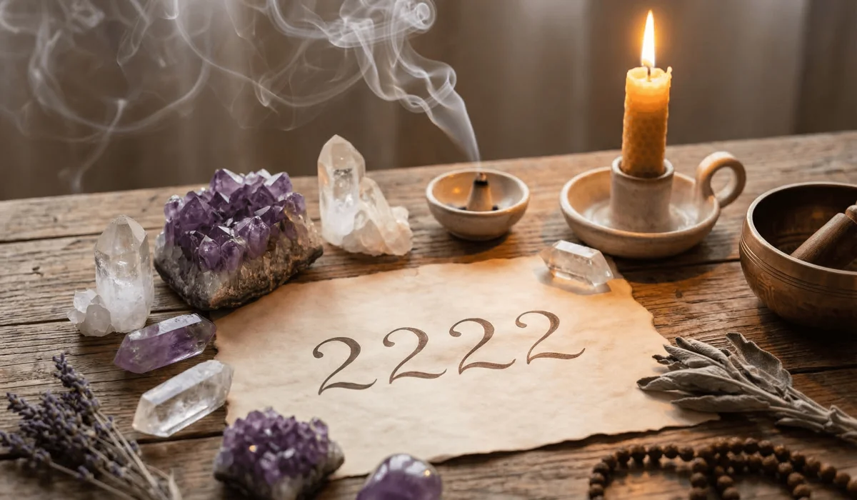 Spiritual manifestation ritual with Amethyst crystals and the 2222 sequence for enhancing intuitive wisdom.