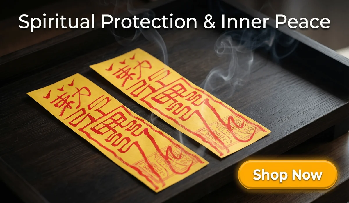 Peace and Safety Talisman for spiritual protection and inner peace, featuring traditional yellow paper with red calligraphy in a Zen-style setting.