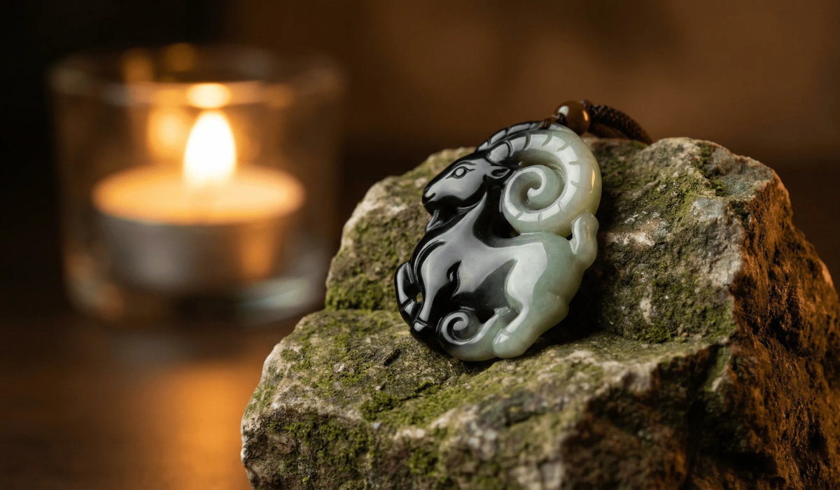 Black and white jade goat pendant resting on mossy rock, with a lit candle in a glass holder blurred in the warm-toned background.