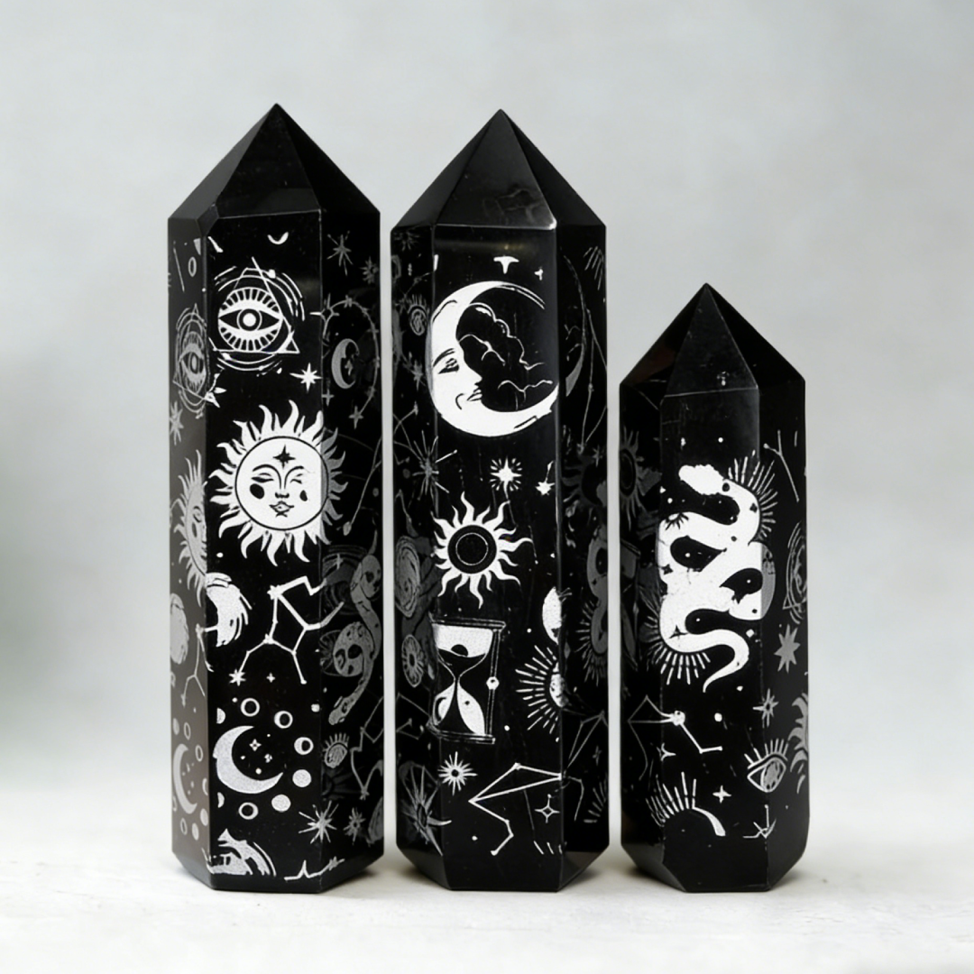 Silver Moon & Star Totem Obsidian Crystal Pillars - Set of 3
