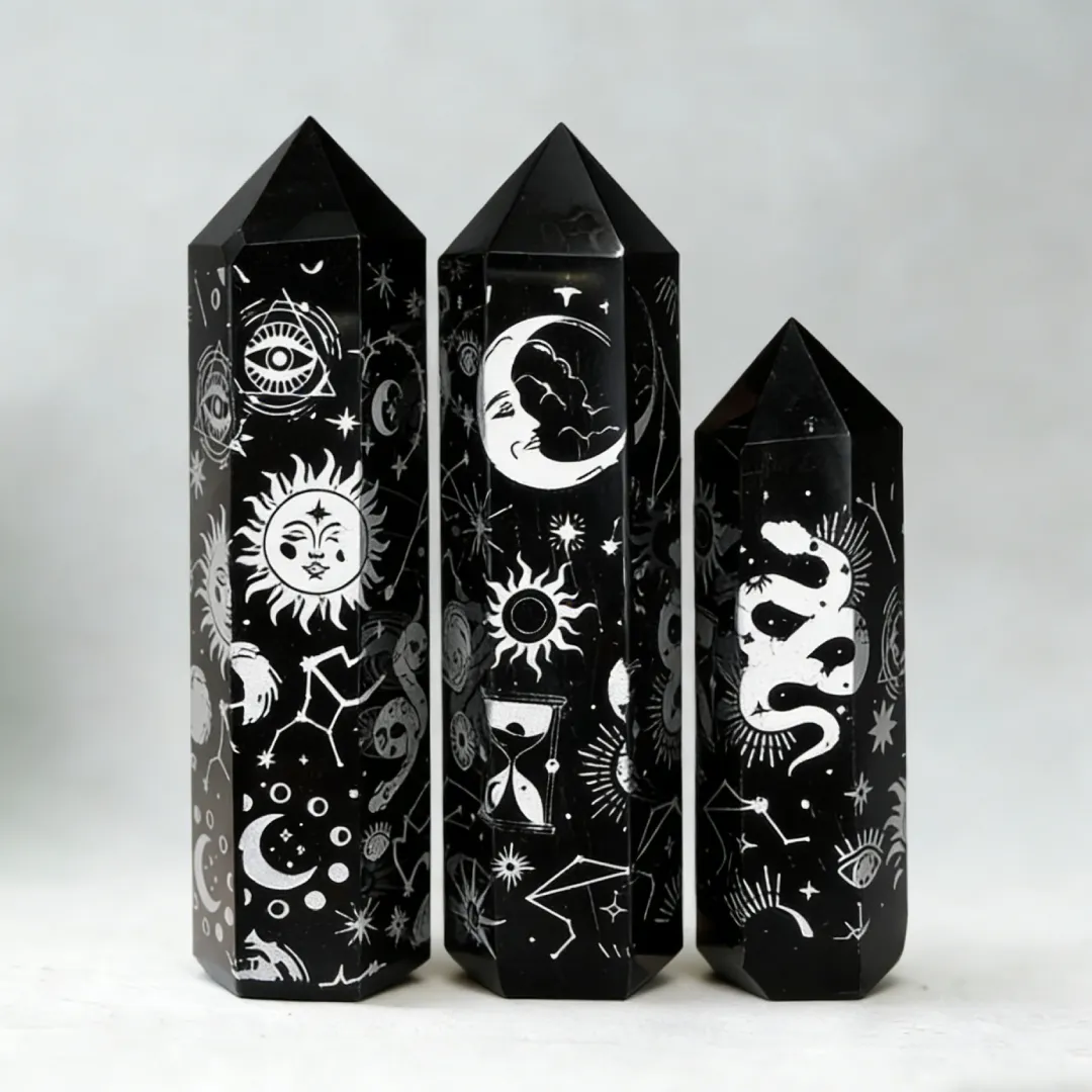 Silver Moon & Star Totem Obsidian Crystal Pillars - Set of 3