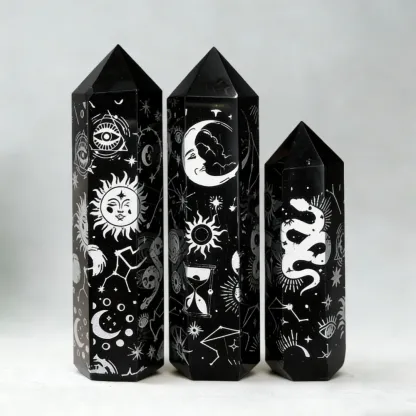 Silver Moon & Star Totem Obsidian Crystal Pillars - Set of 3