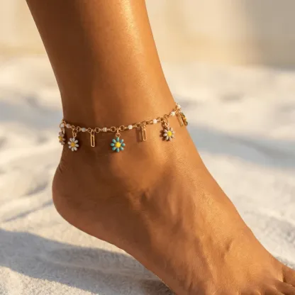 Anklet Copper & Enamel Daisy Anklet – Bohemian Charm & Summer Beach Vibes