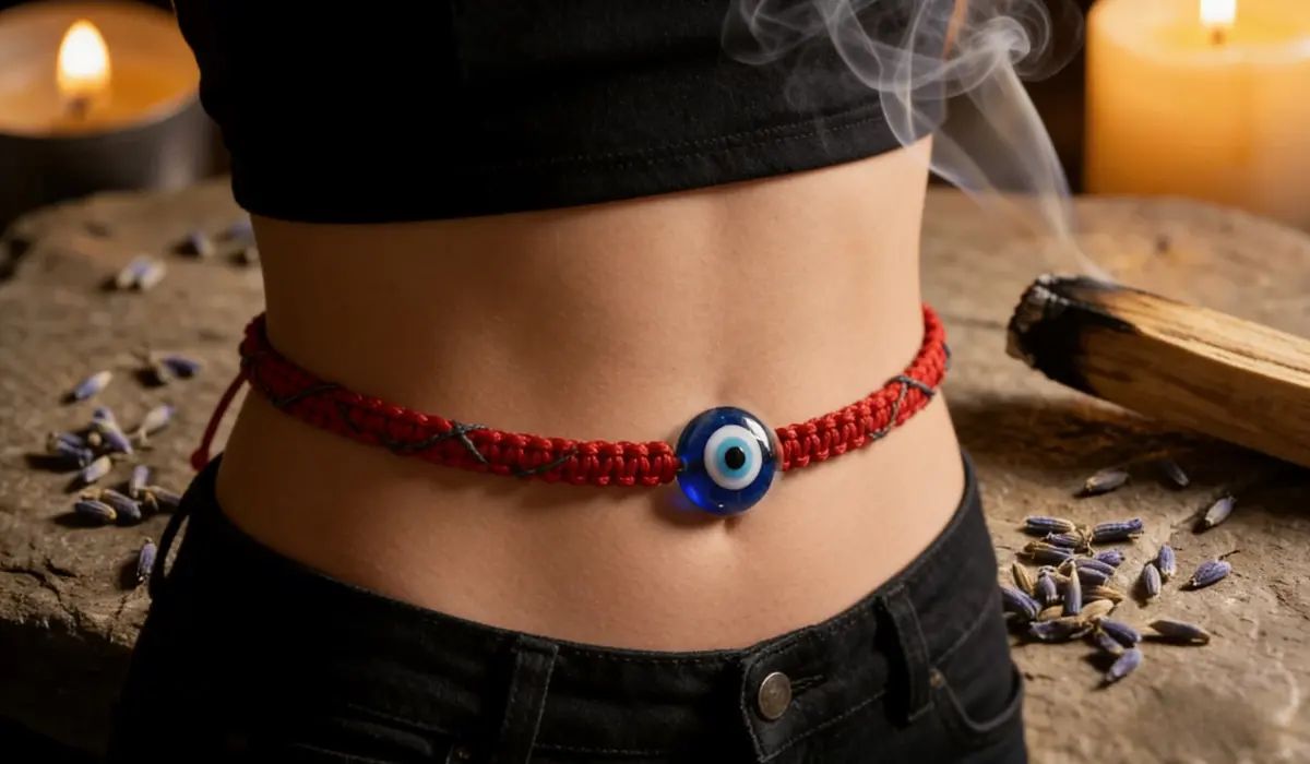 Braided red cord evil eye waist chain with a large blue evil eye charm, worn on a waist beside palo santo wood, lavender buds, and lit candles, with wispy smoke for energy purification.