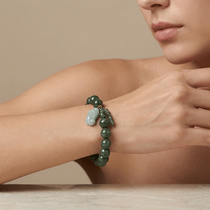 Oily Green Jade Beads & Pixiu Jadeite Jade Bracelet for Wealth & Protection