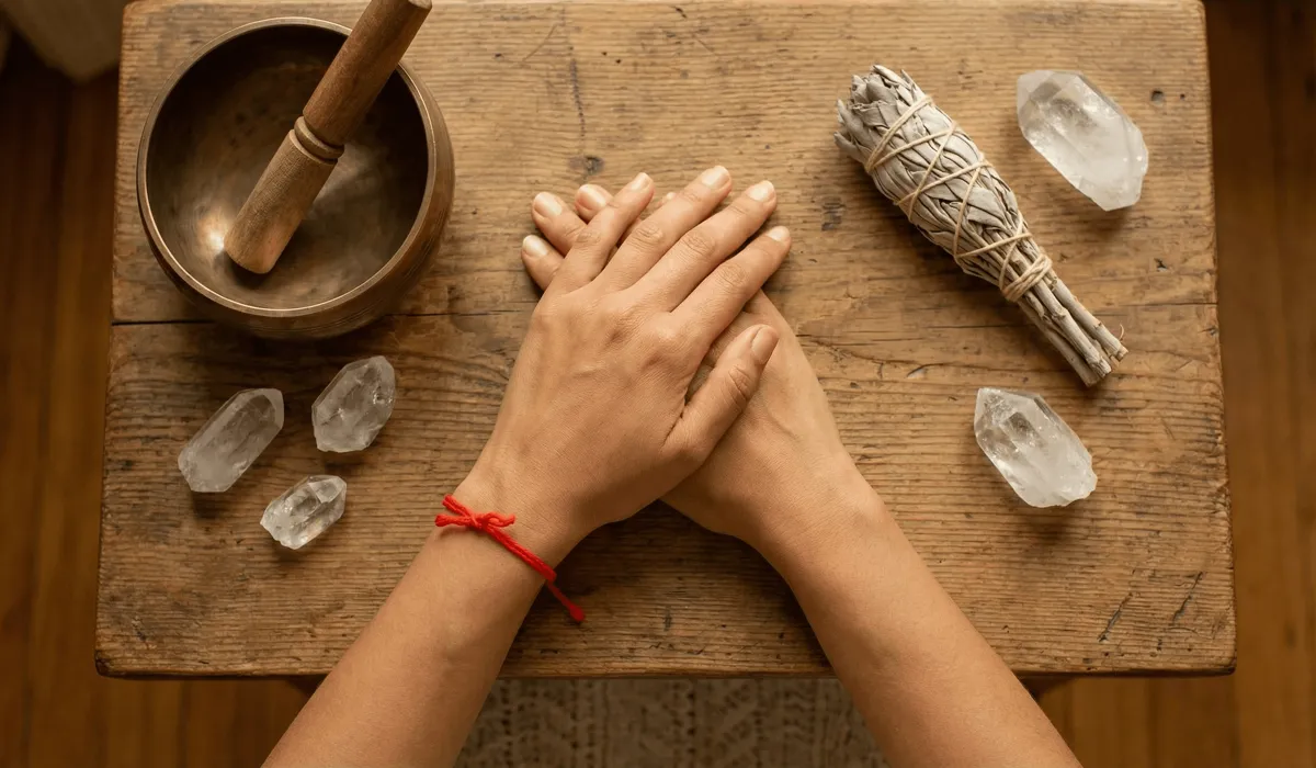 A woman wearing a red string bracelet on her left wrist during a meditation and energy cleansing ritual.
