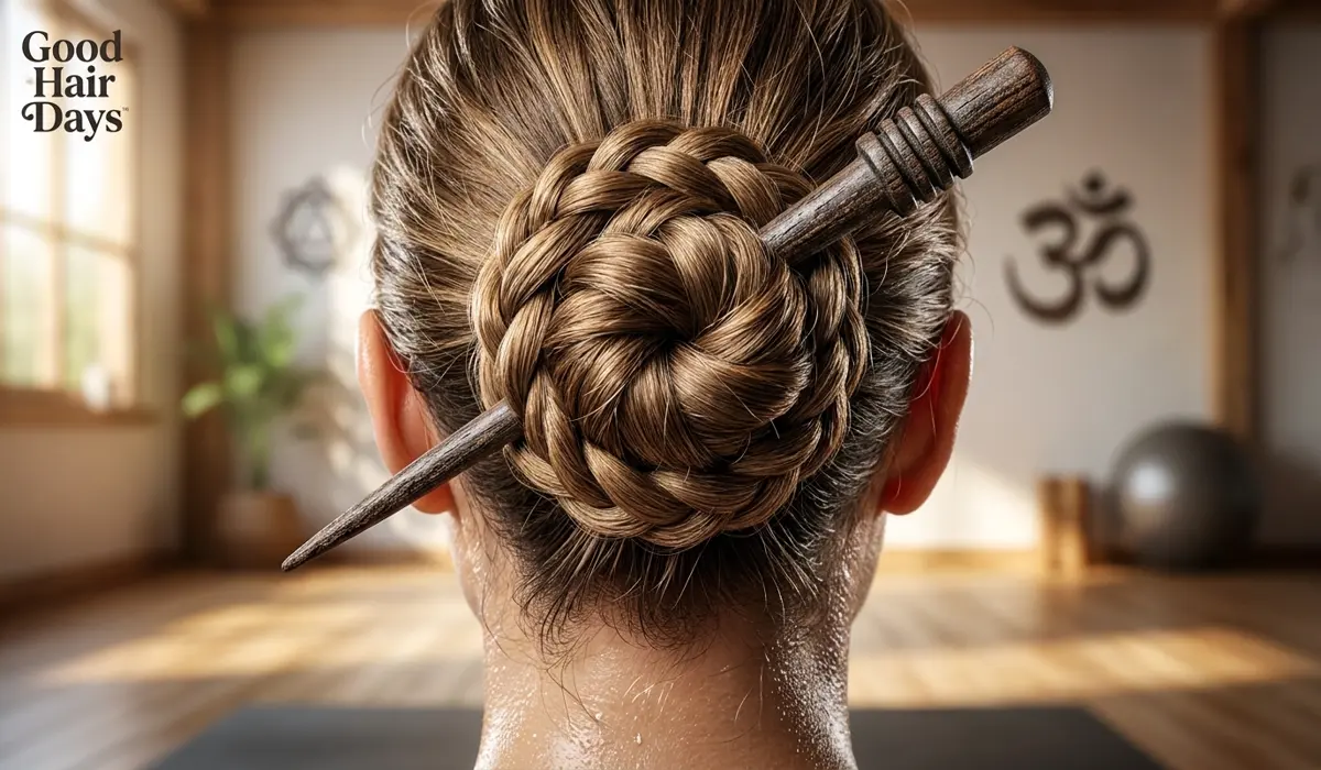 A Vinyasa Twist hairstyle showing a braided bun secured with a hair stick at a 45-degree angle for yoga movement.