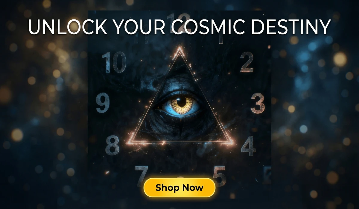 Free Personalized Birth Chart Report illustration featuring a mystical glowing eye triangle and cosmic clock face with a Shop Now button