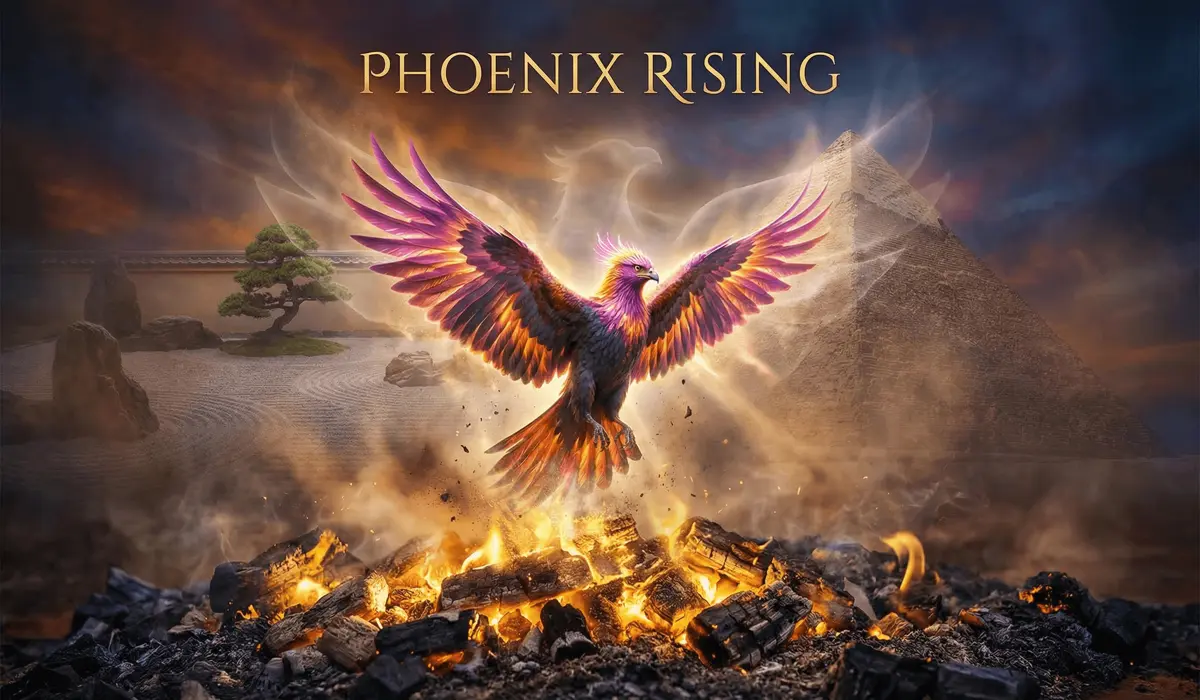 Ancient Phoenix rising from ashes symbolizing the alchemy of suffering and spiritual rebirth across cultures.