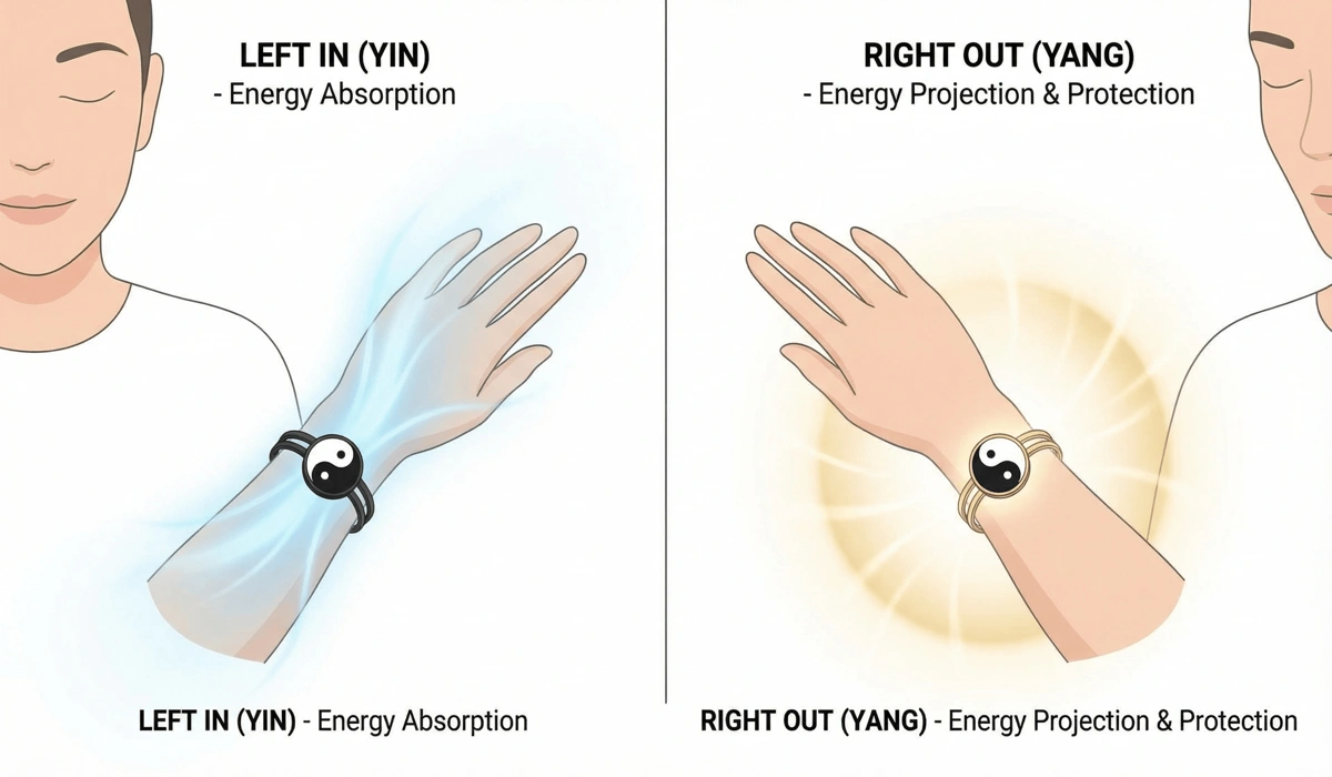Infographic-style visual showing the Left In Right Out Feng Shui rule for wearing spiritual bracelets to receive or release energy.