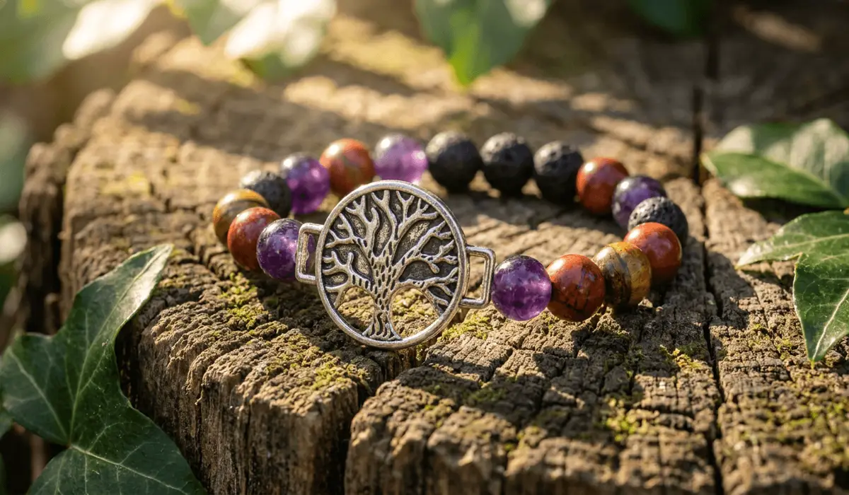 Detailed macro shot of a handcrafted crystal Tree of Life bracelet featuring natural gemstone beads and a silver tree charm on a wood surface.