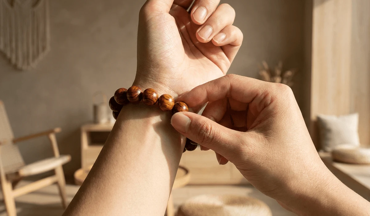 Person wearing a Hainan Huanghuali wood bracelet on the left wrist for Feng Shui energy alignment.