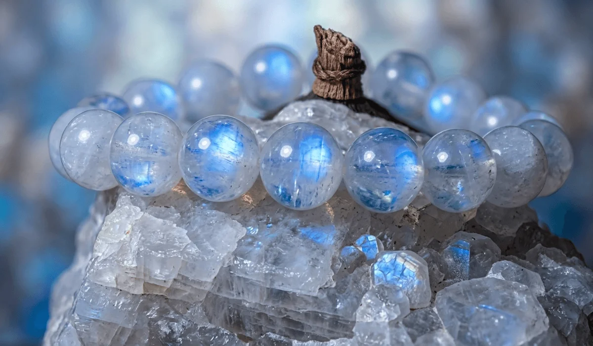 A close-up of a moonstone bracelet showing its unique blue shimmer and milky beads on a raw crystal base.