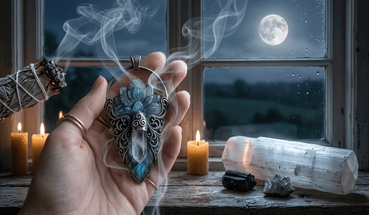 Cleaning a spiritual necklace with sage smoke and moonlight to reset its energy and protection cycle.