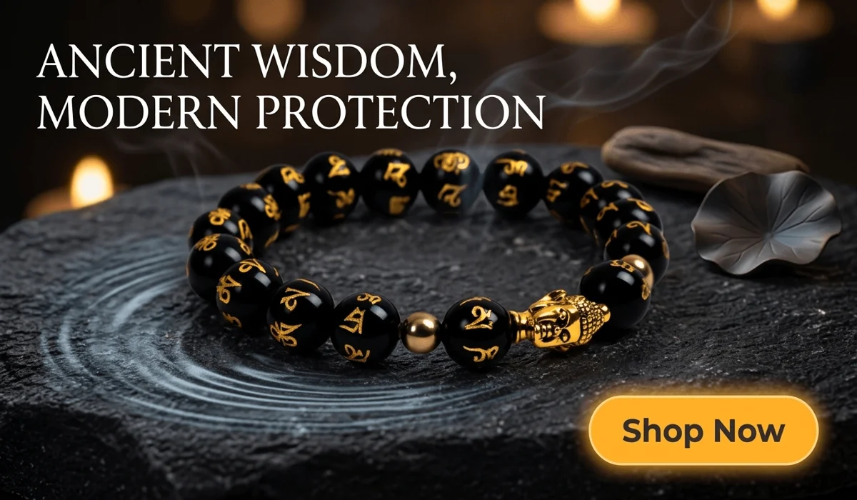 Obsidian Buddha Protection Bracelet with golden mantra beads and Buddha head on a Zen stone background, featuring a Shop Now button for spiritual jewelry.